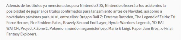 Communiqué de Nintendo España annonçant les jeux jouables à la madrid Games Week